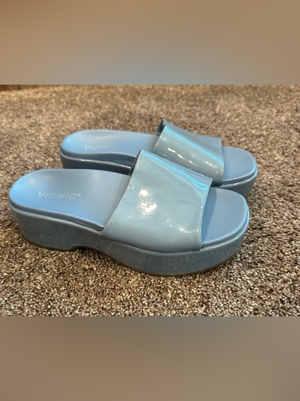 Vionic Blue Patent Leather Platform Slide Sandals Sz 7 Retro Mod Y2K Aesthetic
